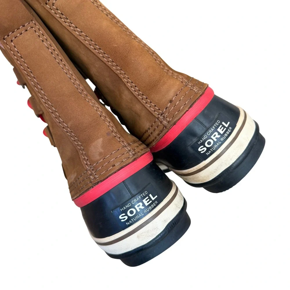 Sorel Caribou Waterproof Winter Boots Tan Suede Red Laces Women Size 8 Excellent